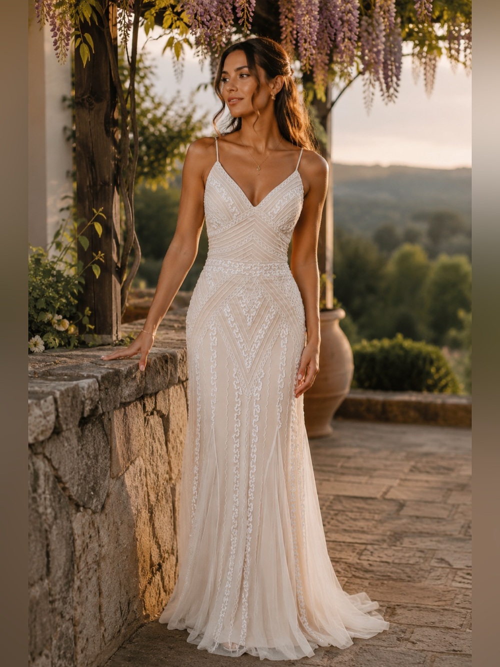 NWT Marina  evening gown in champagne and nude. Full length, spaghetti strap  4